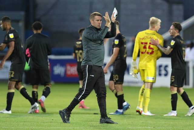 Dave Challinor, Hartlepool United Manager applauds supporters after being defeat during the Carabao Cup match between Hartlepool United and Crewe Alexandra at Victoria Park, Hartlepool on Tuesday 10th August 2021. (Credit: Will Matthews | MI News)