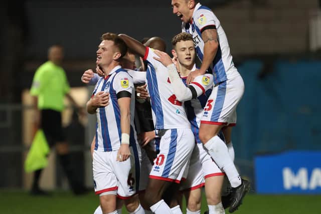 Mark Shelton scored his first goal of the season in Hartlepool United's 3-3 draw with Harrogate Town. (Credit: Mark Fletcher | MI News)