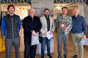 Michael Bailey's winning team with their award presented to them by compere Simon Corbett at the first Alice House Hospice Golf Day.