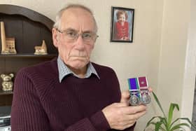 Richard Lee with his medals he plans to hand in to Downing Street in protest at the handling of his daughter Katrice's case.