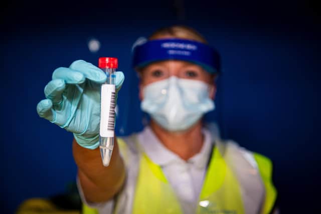 A Covid-19 tester holds out a completed Covid-19 test tube. Photo: Kelvin Stuttard