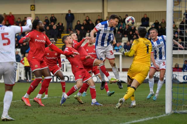 Hartlepool United's Connor Jennings heads the equalising goal for Hartlepool in the dying moments against Walsall at the Suit Direct Stadium (Photo: Michael Driver | MI News)