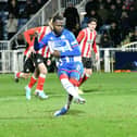 Emmanuel Dieseruvwe slots home his second goal from the penalty spot in Hartlepool United's 3-2 home win over Altrincham. Picture by Frank Reid.
