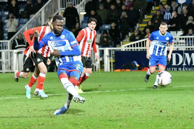 Emmanuel Dieseruvwe slots home his second goal from the penalty spot in Hartlepool United's 3-2 home win over Altrincham. Picture by Frank Reid.