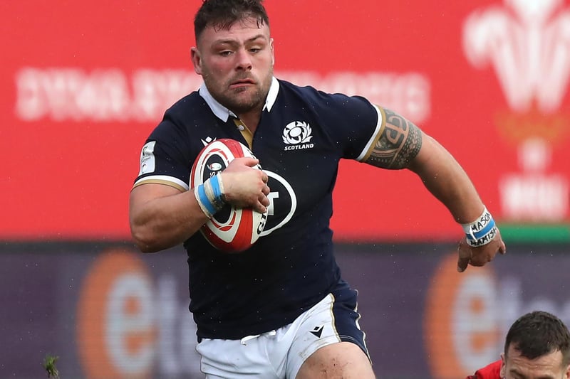 Rory Sutherland charges upfield during the Guinness Six Nations match between Wales and Scotland at Parc y Scarlets on October 31, 2020, in Llanelli. (Photo by David Rogers/Getty Images)
