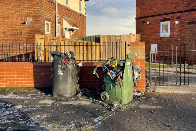 The fire-damaged wheelie bins in Hartlepool.