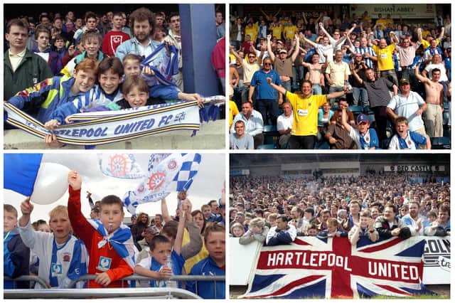 Hartlepool United fans celebrate promotion. But can you guess which year each of the pictures was taken? The answers lie below.