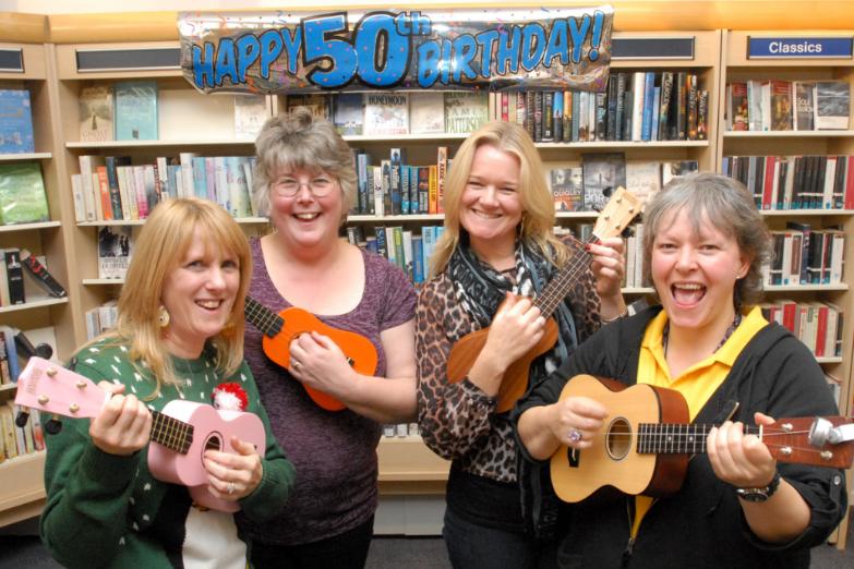 Librarians Gill Jackson , Maurean Cairns , Nicola Lamb and Karen Turnbull led the way in singing to mark 50 years of Boldon Lane library in 2012. Remember it?