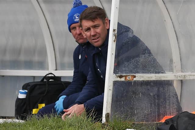 Hartlepool manager, Dave Challinor (r) looks on  during the Vanarama National League match between Hartlepool United and Maidenhead United at Victoria Park, Hartlepool on Saturday 8th May 2021. (Credit: Mark Fletcher | MI News)