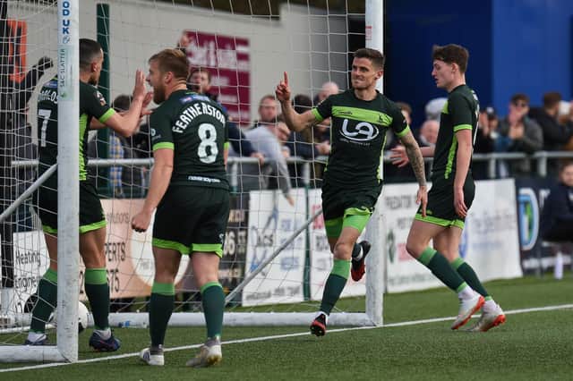 Gavan Holohan of Hartlepool United celebrates scoring their first goal during the Vanarama National League match between Sutton United  and Hartlepool United at the Knights Community Stadium, Gander Green Lane,, Sutton on Saturday 14th March 2020. (Credit: Paul Paxford | MI News)