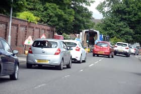 Traffic queues in Serpentine Road, Hartlepool, due to gas works being carried out.