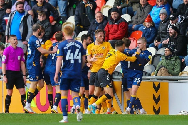 John-Joe O'Toole was sent off in the aftermath of this incident at Newport County. He has one straight red and six bookings in 18 games.