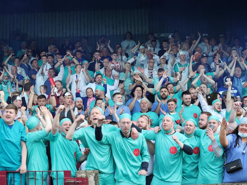 With no fancy dress theme 2020 and 2021 because of the pandemic, Pools fans saluted the NHS in 2022 at Scunthorpe United by dressing up in medical outfits.
