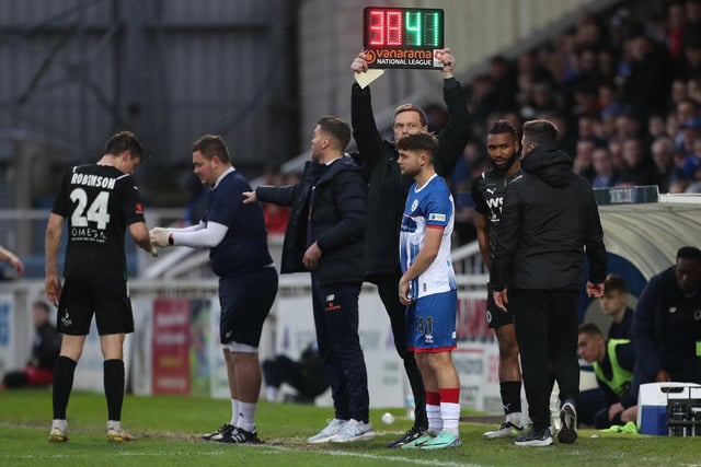Pools' new signing came on for Dickenson after 66 minutes. Almost curled a Pools second in after his pace got him away. (Photo: Mark Fletcher | MI News)