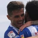 Hartlepool United's Gavan Holohan celebrates after Tyler Burey scored  their first goal during the Sky Bet League 2 match between Hartlepool United and Walsall at Victoria Park, Hartlepool on Saturday 21st August 2021. (Credit: Mark Fletcher | MI News)