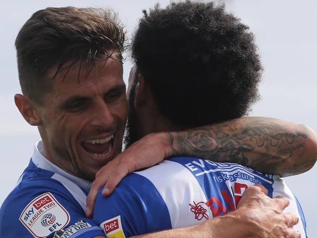 Hartlepool United's Gavan Holohan celebrates after Tyler Burey scored  their first goal during the Sky Bet League 2 match between Hartlepool United and Walsall at Victoria Park, Hartlepool on Saturday 21st August 2021. (Credit: Mark Fletcher | MI News)