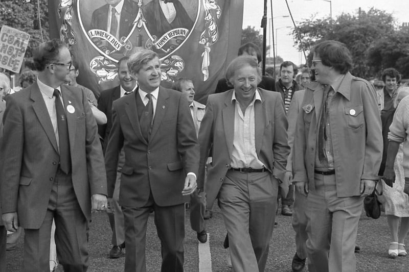 NUM leader Arthur Scargill, second right in the front row, chuckles while visiting Easington in July 1984.