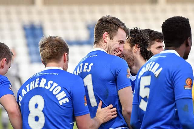 Hartlepool United players celebrate against Sutton United. Picture by FRANK REID