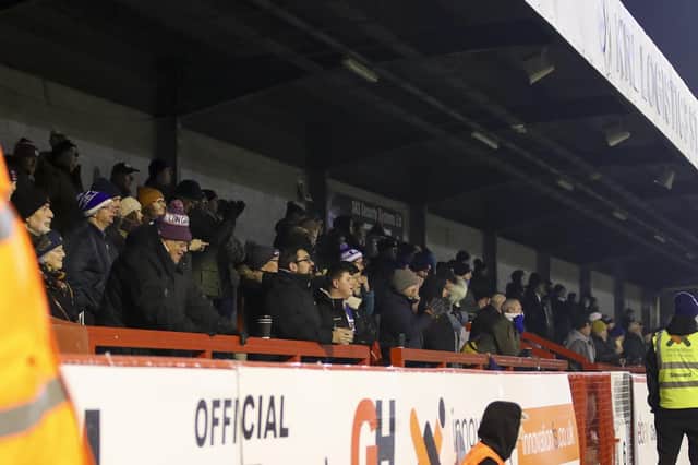 Hartlepool United fans during the Sky Bet League 2 match between Crawley Town and Hartlepool United at Broadfield Stadium. (Credit: Tom West | MI News)