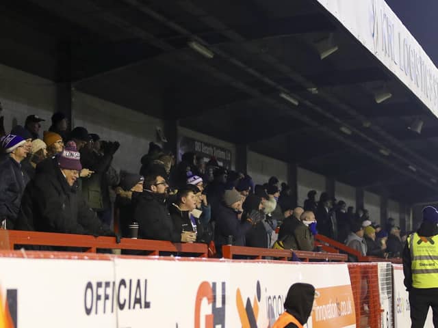 Hartlepool United fans during the Sky Bet League 2 match between Crawley Town and Hartlepool United at Broadfield Stadium. (Credit: Tom West | MI News)