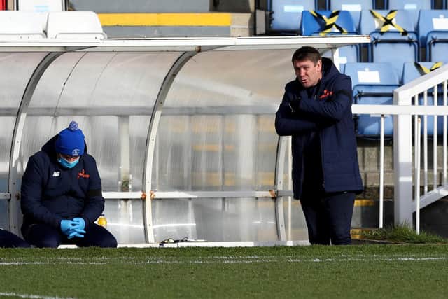 Hartlepool United manager Dave Challinor during the Vanarama National League match between Hartlepool United and Notts County at Victoria Park, Hartlepool on Saturday 10th April 2021. (Credit: Chris Booth | MI News)