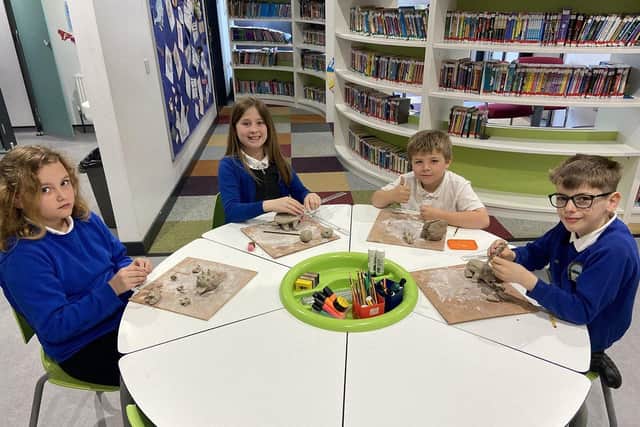 Barnard Grove primary school pupils, left to right, Lexi Magee, Leah Cooper, Charlie Widdowfield and Dylan Twydale taking part in a art session  Picture by FRANK REID
