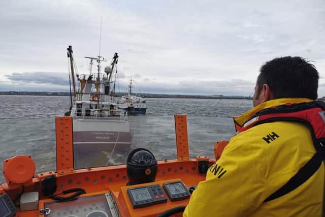 A view from the bridge of the Hartlepool RNLI alb during the towing operation. Photo by RNLI/Tom Collins.