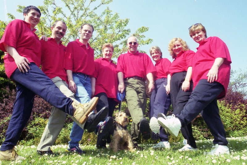 A sponsored walk  on May 1999. Doing the Granada Live challenge with Bill the dog were, left to right Dawn Mordey, Richard Coates, Grant Dodds, Dot Bradley, Paul Burn, Rachel Jones, Sheila Kelly, and Joanne Sheil.