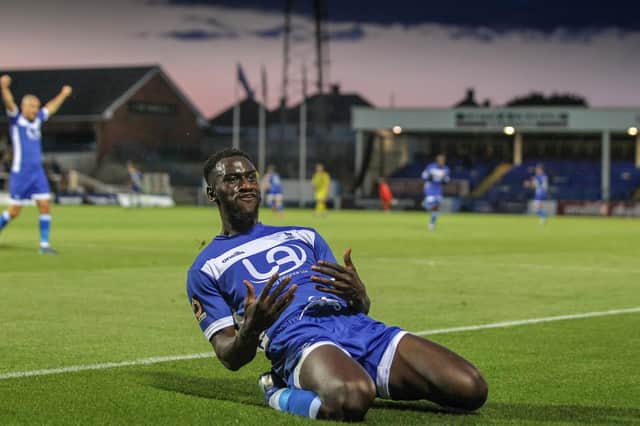 Hartlepool United's Gime Toure celebrates after scoring their second goal during the Vanarama National League match between Hartlepool United and AFC Fylde at Victoria Park, Hartlepool on Tuesday 13th August 2019. (Credit: Mark Fletcher | MI News)