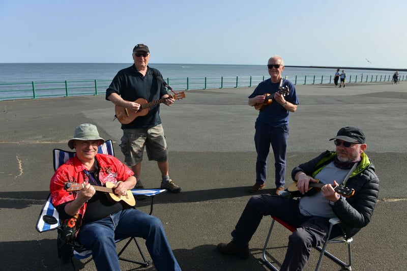 Bojangles Ukes group from left Paul McCandless, Dennis O'Brien, Charlie Lally and Jim Roberts.