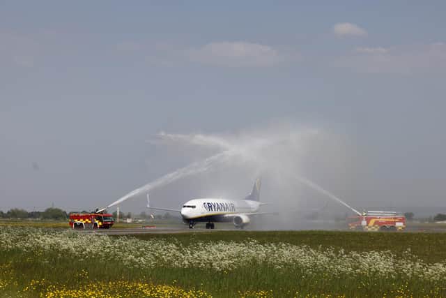 A water cannon salute for the inaugural Ryanair flight at Teesside Airport