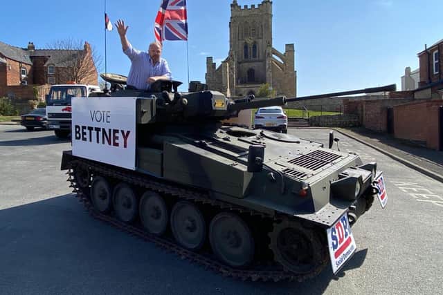 David Bettney, the SDP's candidate in the MP by-election for Hartlepool, in the tank used during the event on the Headland.