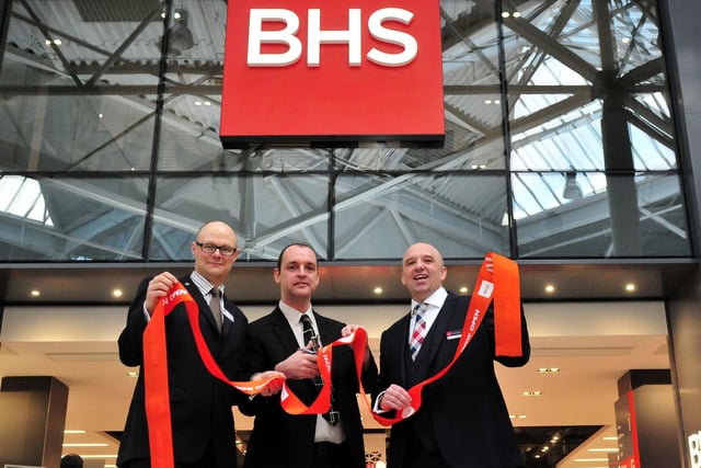 Can you believe it was 10 years ago that BHS opened? Pictured (left to right) are shopping centre manager Mark Rycraft, the then Mayor Stuart Drummond, and BHS manager  Ian Davies.
