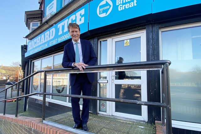 Richard Tice outside the Reform UK campaign office in Stockton Road, Hartlepool. Picture by FRANK REID