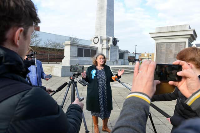 Mrs Mortimer talks to the media after her victory was confirmed on the Friday morning of May 7, 2021.