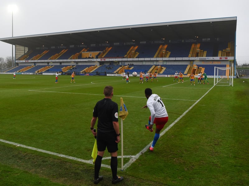 A spectacular view of play as Myles Weston takes a corner kick during the Emirates FA Cup Second Round between Mansfield Town and Dagenham and Redbridge.