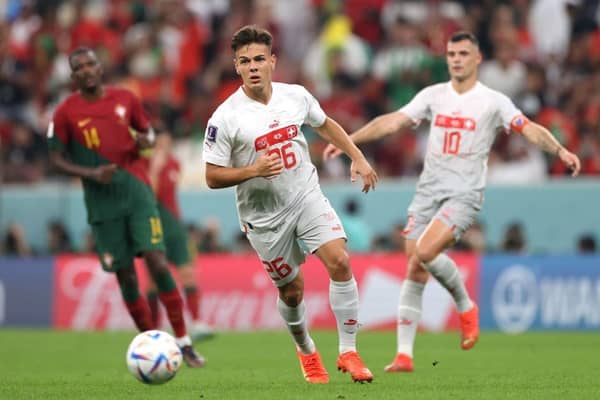 Ardon Jashari of Switzerland controls the ball during the FIFA World Cup Qatar 2022 Round of 16 match between Portugal and Switzerland. (Photo by Michael Steele/Getty Images).