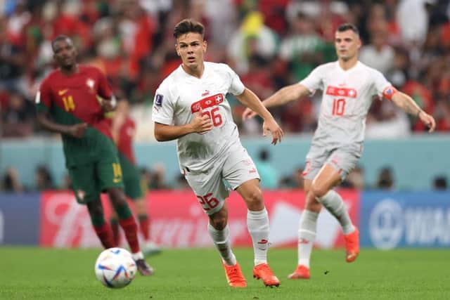 Ardon Jashari of Switzerland controls the ball during the FIFA World Cup Qatar 2022 Round of 16 match between Portugal and Switzerland. (Photo by Michael Steele/Getty Images).