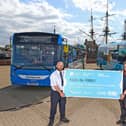 Bus drivers Gary Dean (left) and Sarah McGowan (right) at the HMS Trincomalee, Hartlepool.