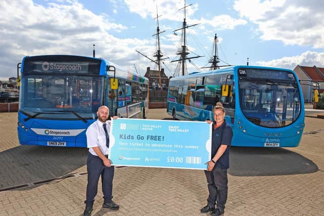 Bus drivers Gary Dean (left) and Sarah McGowan (right) at the HMS Trincomalee, Hartlepool.