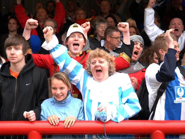 Poolies celebrate staying up in League One at Brentford on the final day of the 2010 season.