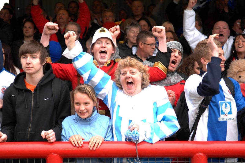 Poolies celebrate staying up in League One at Brentford on the final day of the 2010 season.