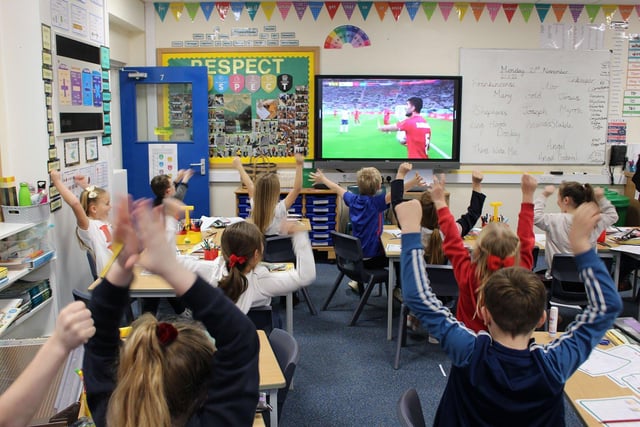 Fens Primary School pupils are elated after a goal.