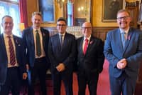 From left, Stockton North MP Chris McDonald MP, Middlesbrough Southeast and Cleveland MP Luke Myer, Prime Minster Andy Burnham, Middlesbrough and Thornaby East MP Andy McDonald MP and Hartlepool MP Jonathan Brash.