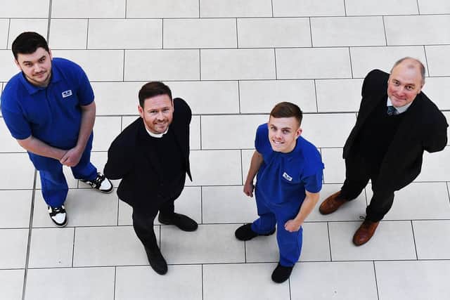 Apprentices Frankie Barnett and Nathan Willis with Gary Ritchies  Hartlepool College of Further Education Vice Princal and  Principal Darren Hankey (far right). Picture by FRANK REID