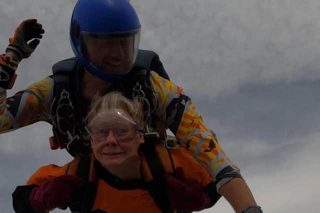 Jan Mottram completes a sponsored skydive to raise funds for the MSA Trust.