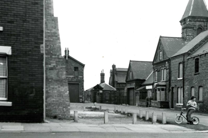 Clarke Street at the Burbank Street junction, Hartlepool with the old Fire Station in the background. Photo: Hartlepool Library Service.