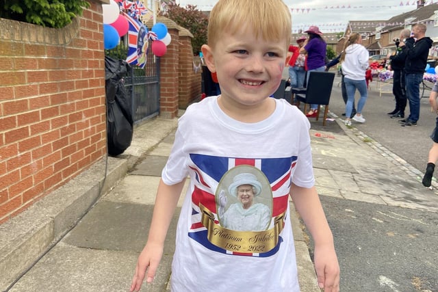 Mason Murphy wearing his special t-shirt supporting the Queen during the Jubilee Party at Lanark Road, Hartlepool. Picture by FRANK REID