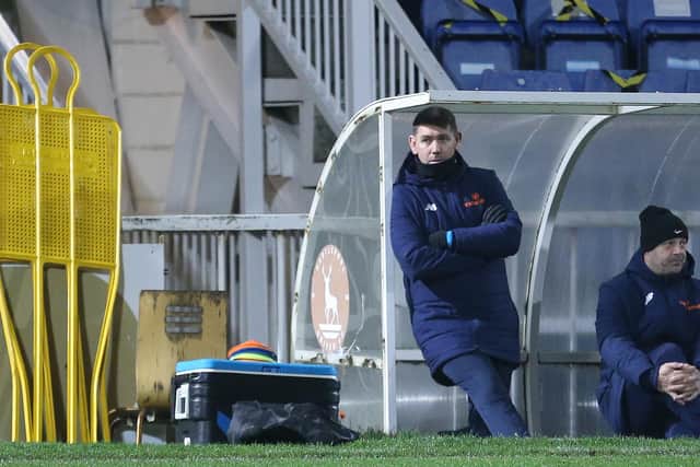 Hartlepool manager, Dave Challinor during the Vanarama National League match between Hartlepool United and Kings Lynn Town at Victoria Park, Hartlepool on Tuesday 8th December 2020. (Credit: Mark Fletcher | MI News)