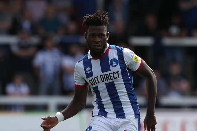 Rollin Menayese made his official Hartlepool United debut against AFC Wimbledon. (Credit: Mark Fletcher | MI News)